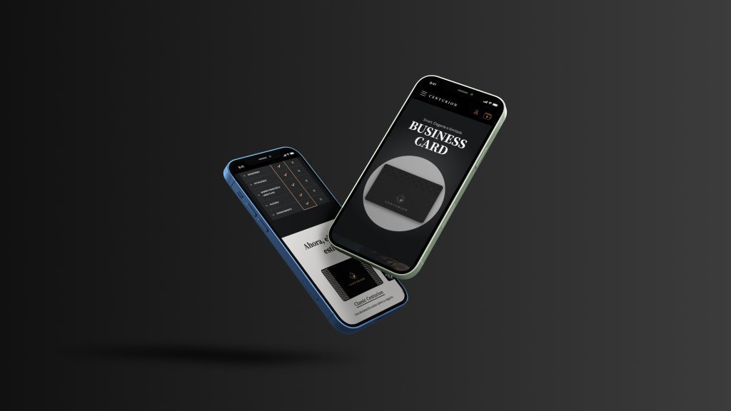 Dos pantallas de celulares que muestran el proyecto e-commerce realizado para tarjetas Centurión.
