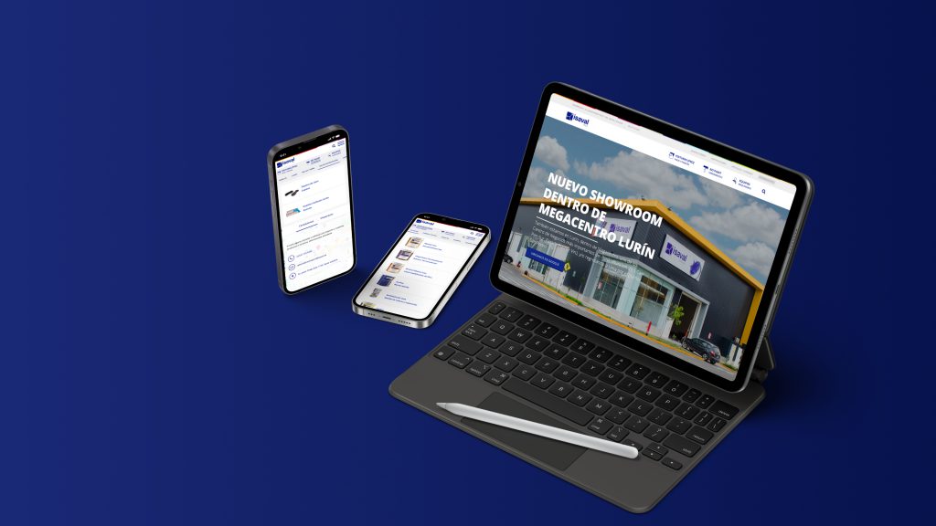 Un iPad y 2 celulares mostrando diferentes páginas internas del proyecto de diseño web realizado para Isaval.
